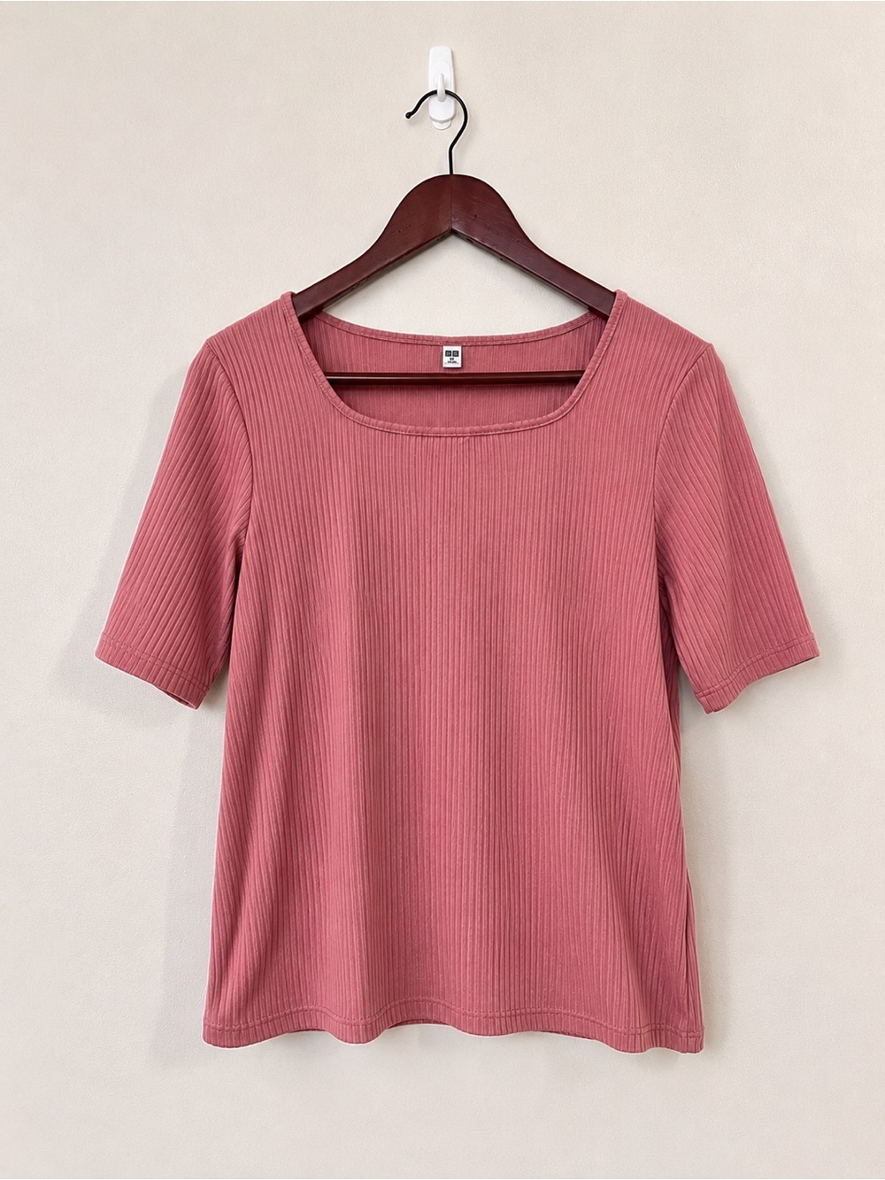 UNIQLO Dusty Pink Ribbed Square Neck Top Short Sleeve Size S